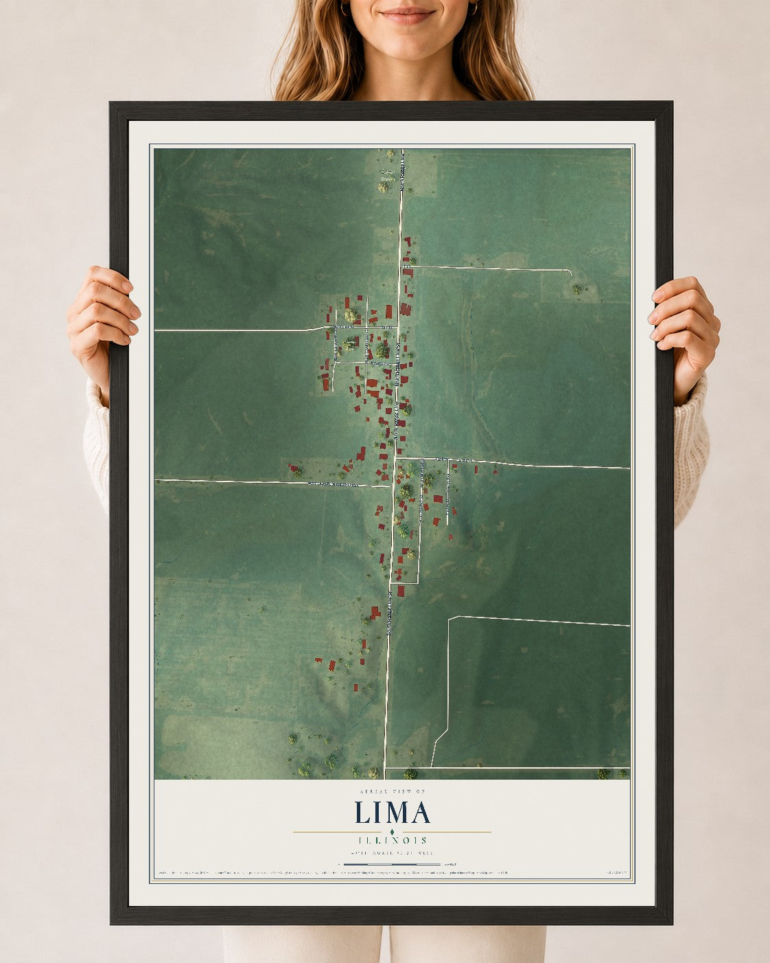 Map of Lima, Illinois, 24 x 36 inch print in a black wood frame