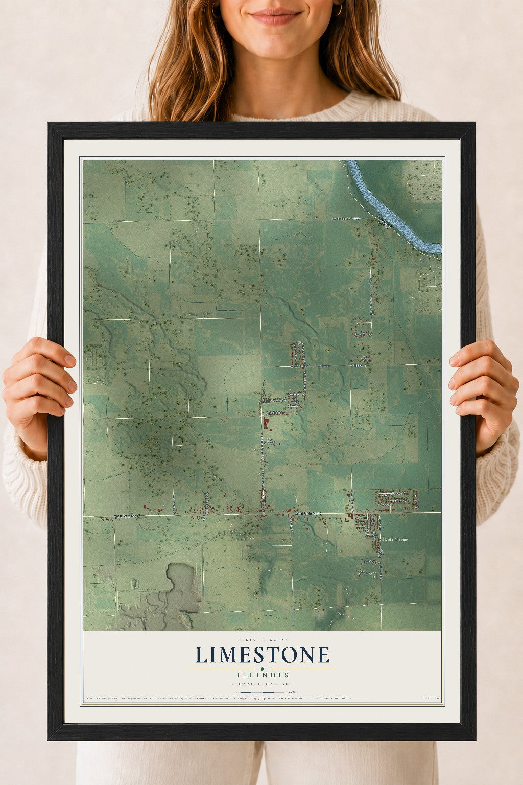 Map of Limestone, Illinois, 18 x 24 inch print in a black wood frame