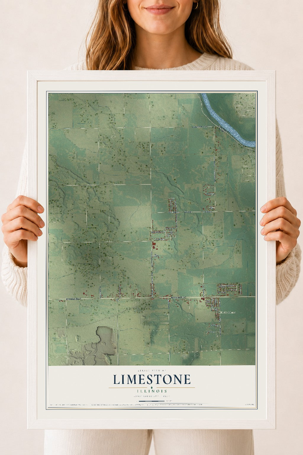 Map of Limestone, Illinois, 18 x 24 inch print in a white wood frame