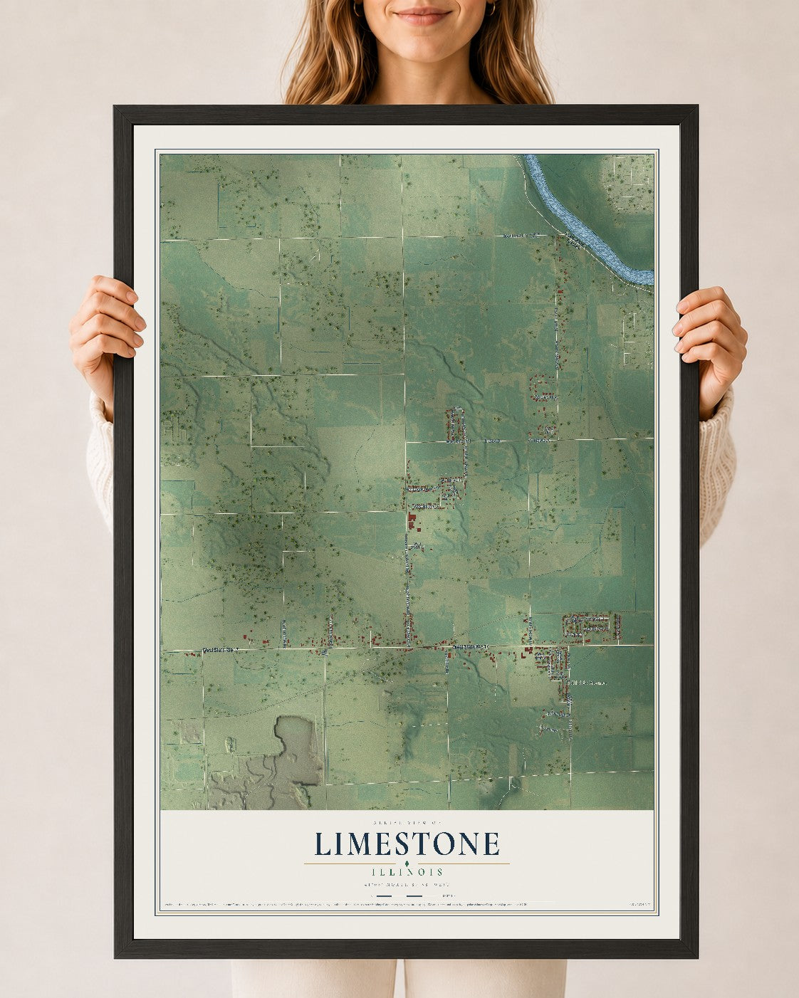 Map of Limestone, Illinois, 24 x 36 inch print in a black wood frame