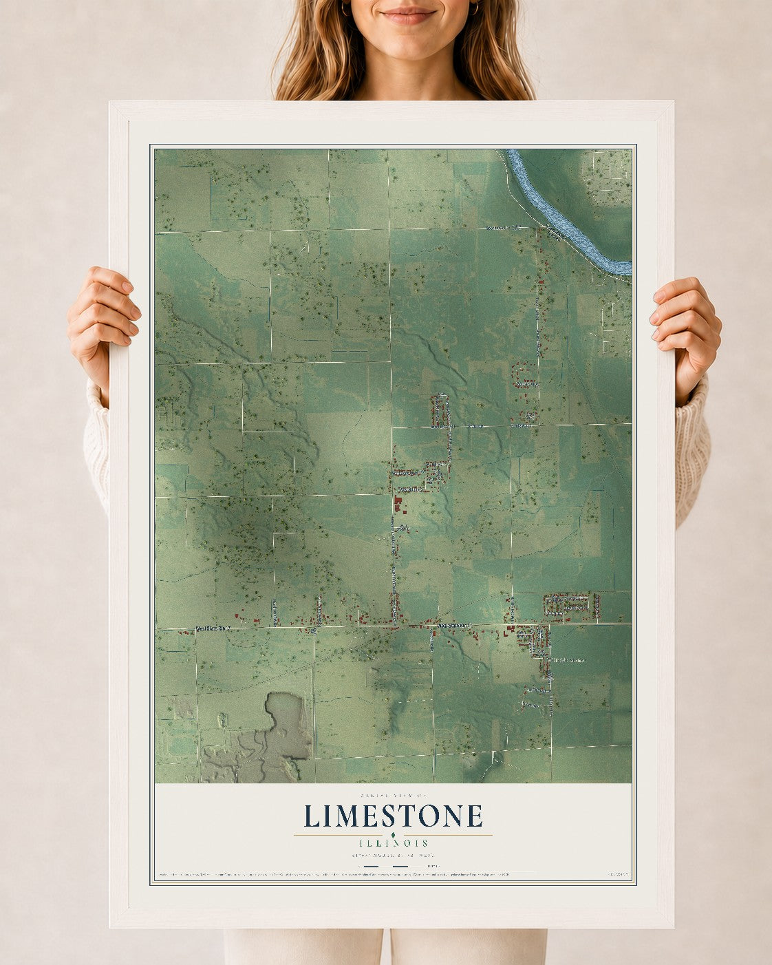 Map of Limestone, Illinois, 24 x 36 inch print in a white wood frame