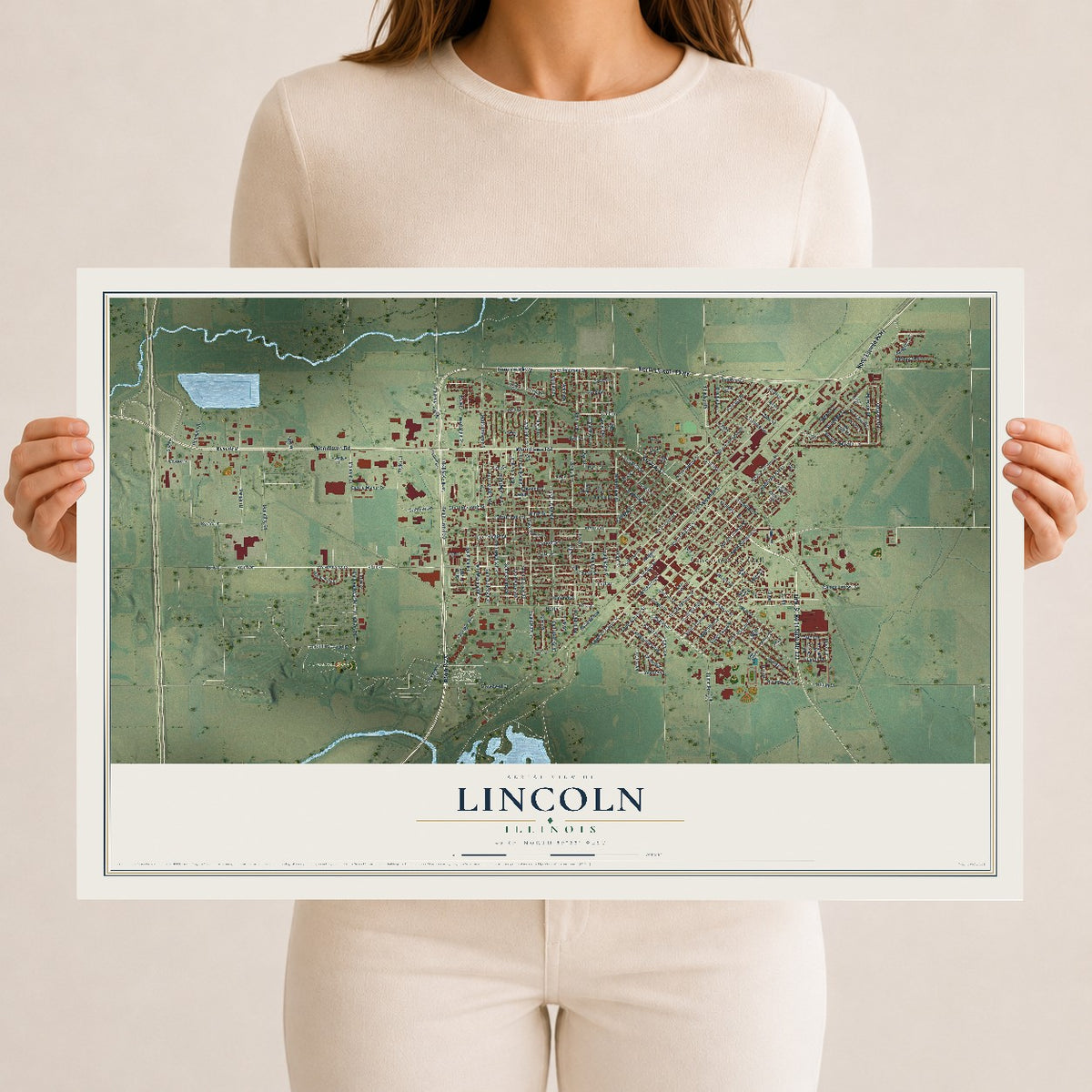 Map of Lincoln, Illinois, 12 x 18 inch unframed archival matte print