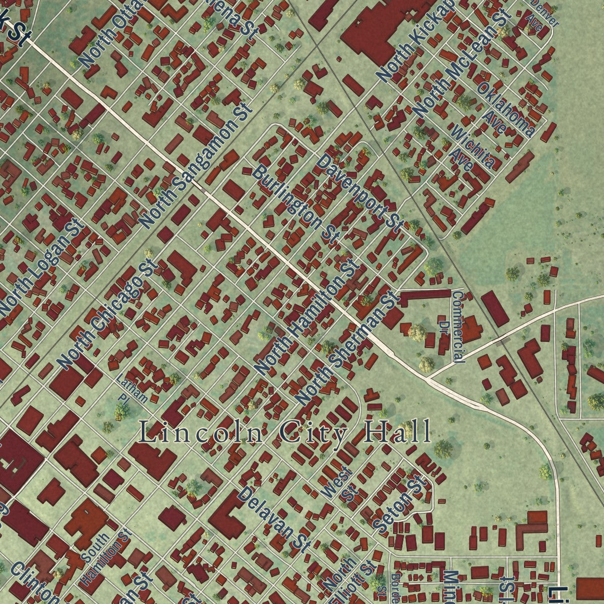 Close-up of the map of Lincoln, Illinois print showing street and building detail