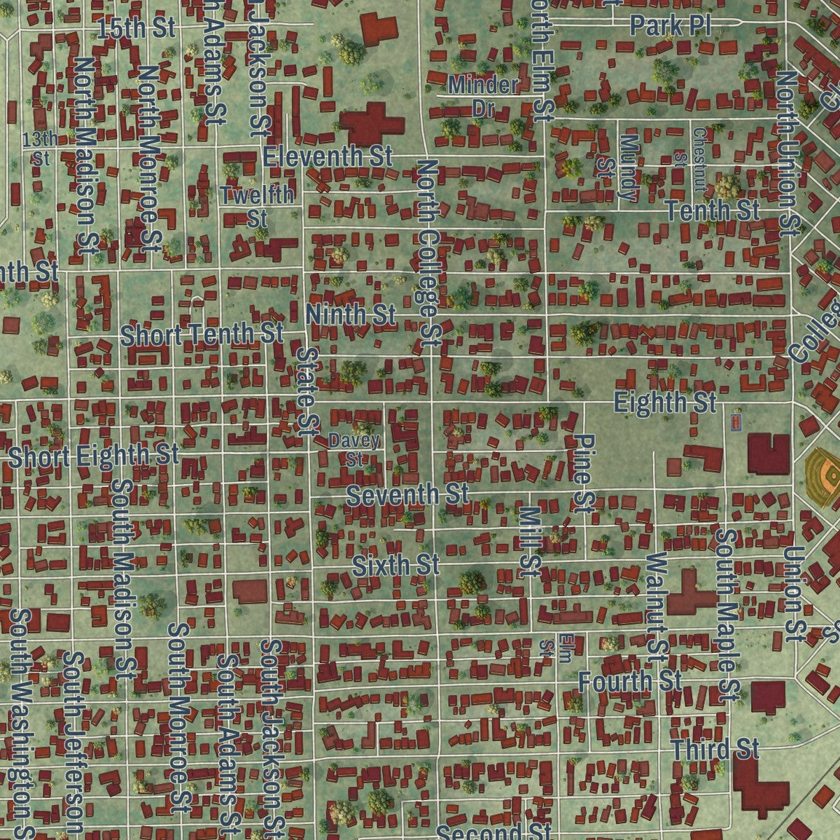 Second close-up of the map of Lincoln, Illinois print showing more streets and buildings