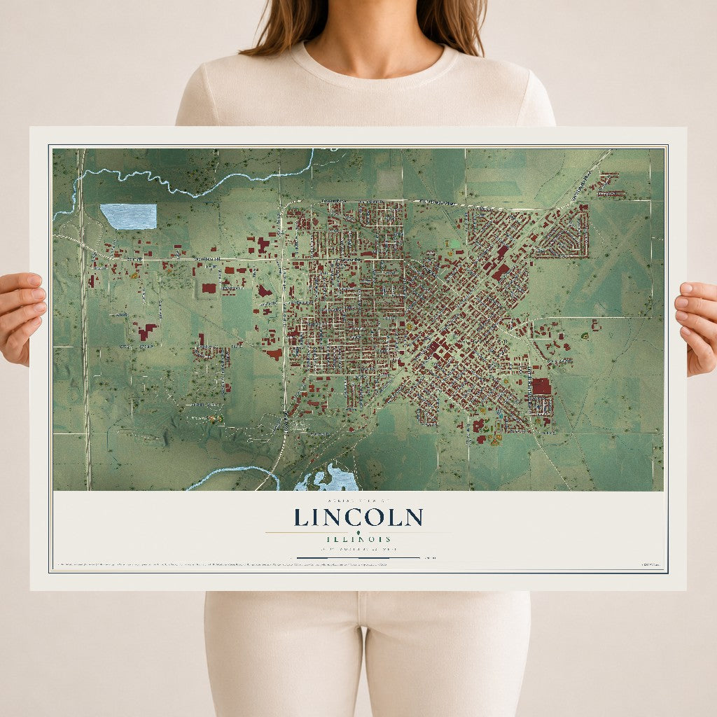 Map of Lincoln, Illinois, 18 x 24 inch unframed archival matte print