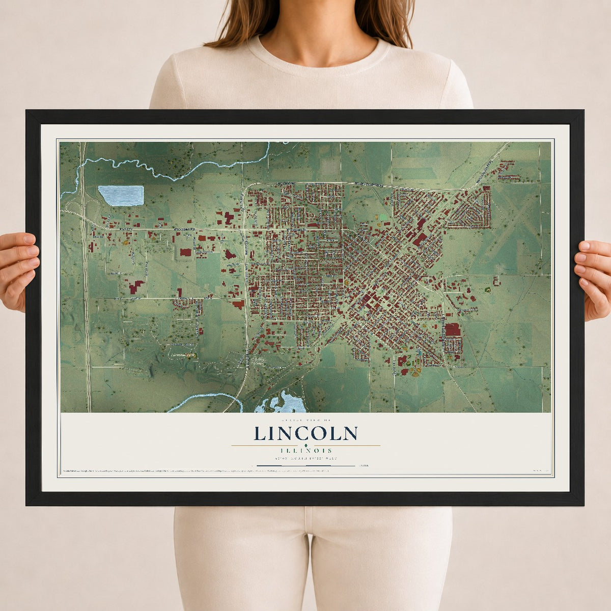 Map of Lincoln, Illinois, 18 x 24 inch print in a black wood frame