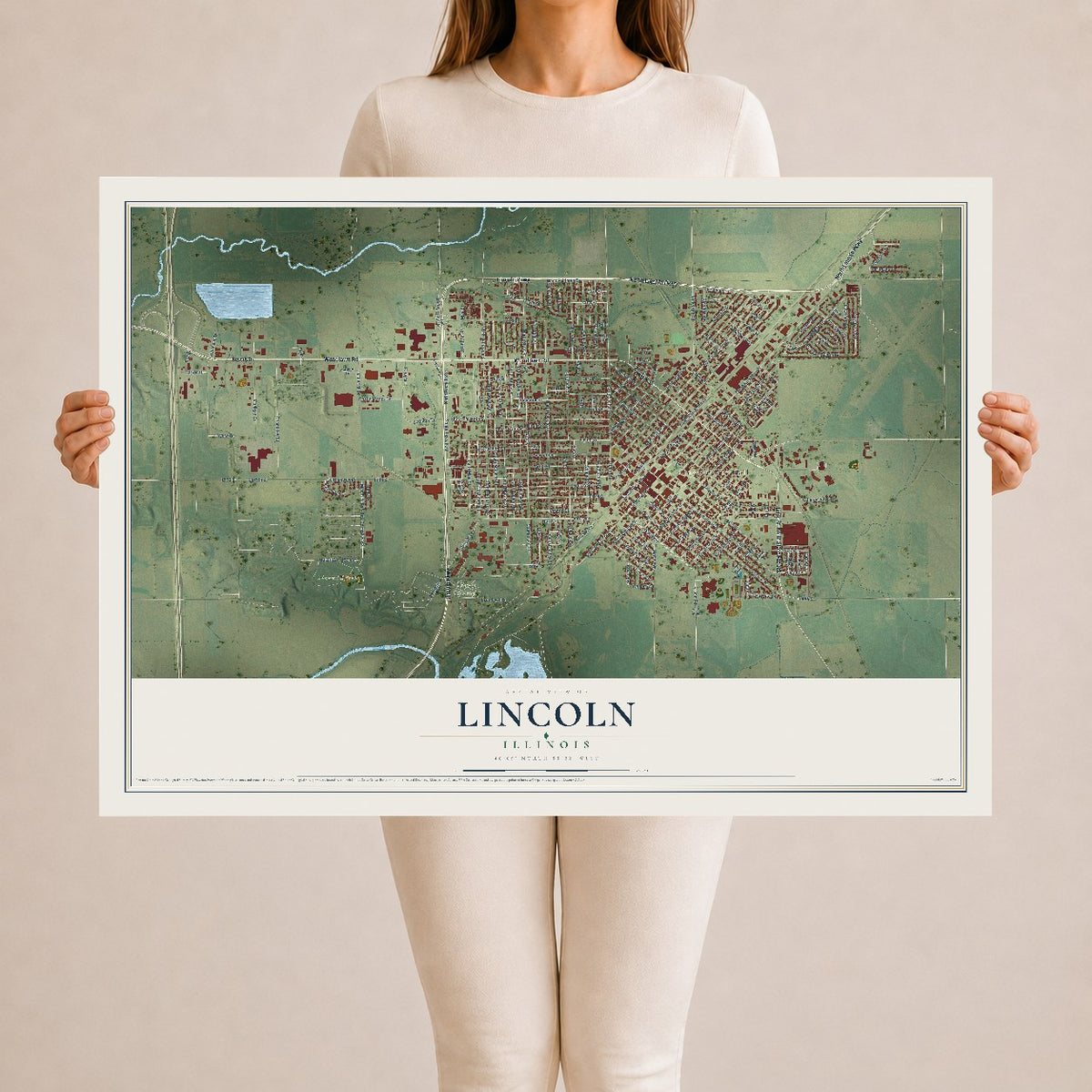Map of Lincoln, Illinois, 24 x 36 inch unframed archival matte print