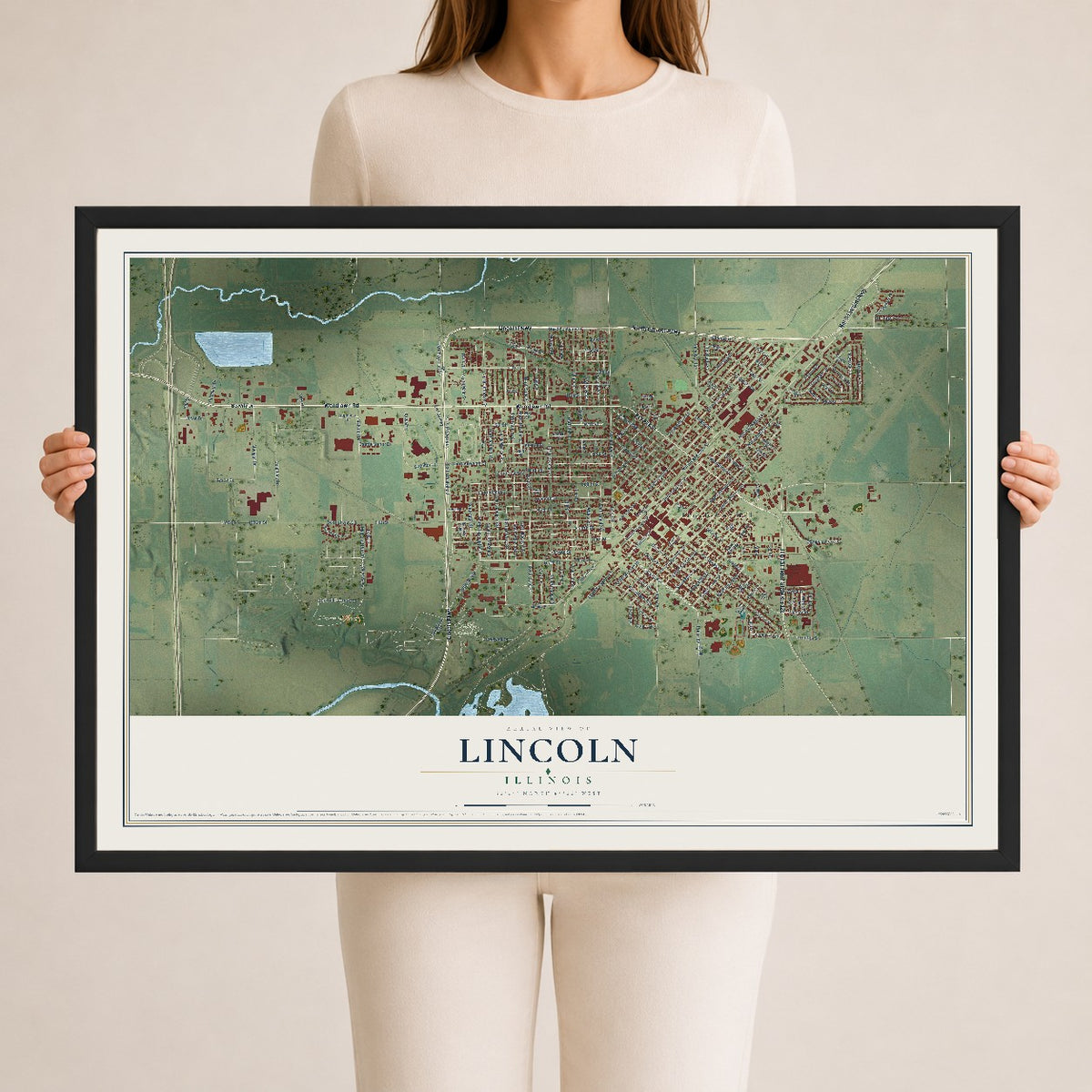 Map of Lincoln, Illinois, 24 x 36 inch print in a black wood frame