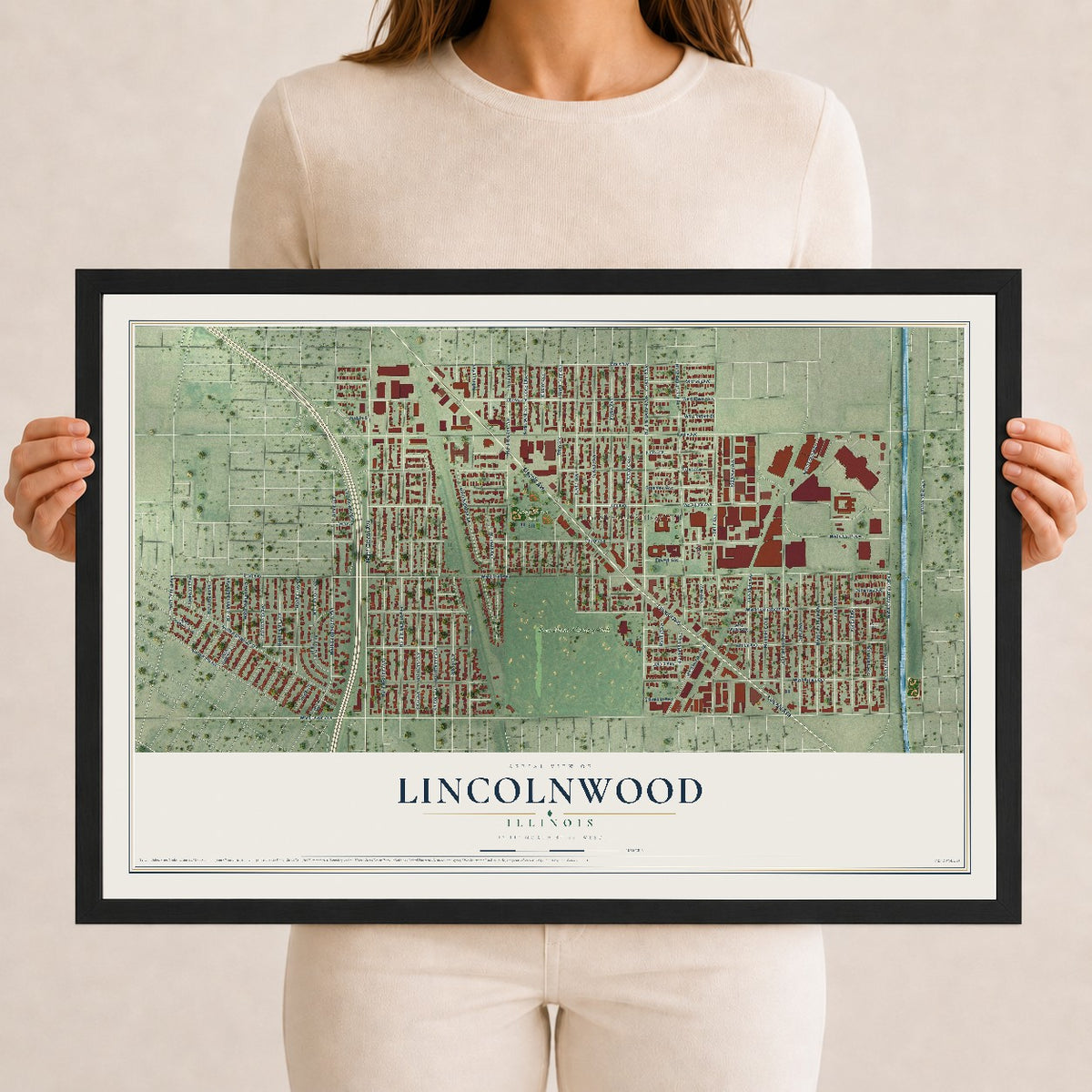 Map of Lincolnwood, Illinois, 12 x 18 inch print in a black wood frame