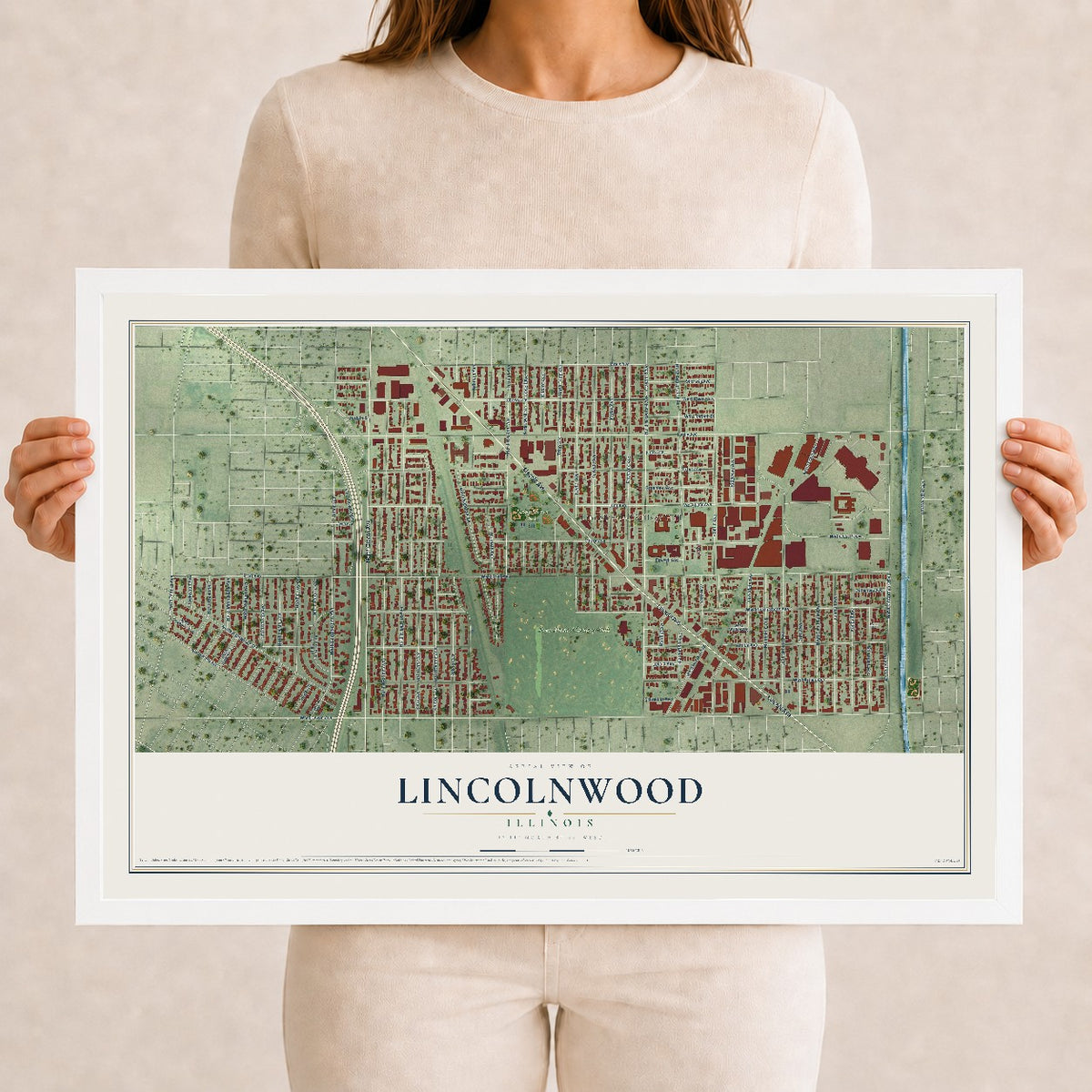 Map of Lincolnwood, Illinois, 12 x 18 inch print in a white wood frame