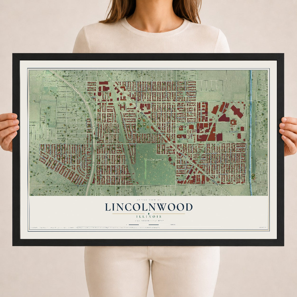 Map of Lincolnwood, Illinois, 18 x 24 inch print in a black wood frame