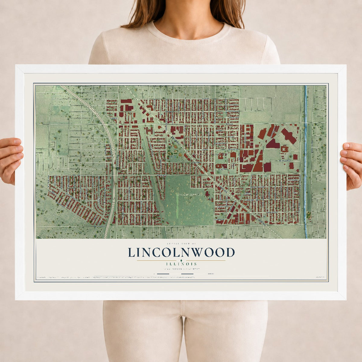 Map of Lincolnwood, Illinois, 18 x 24 inch print in a white wood frame
