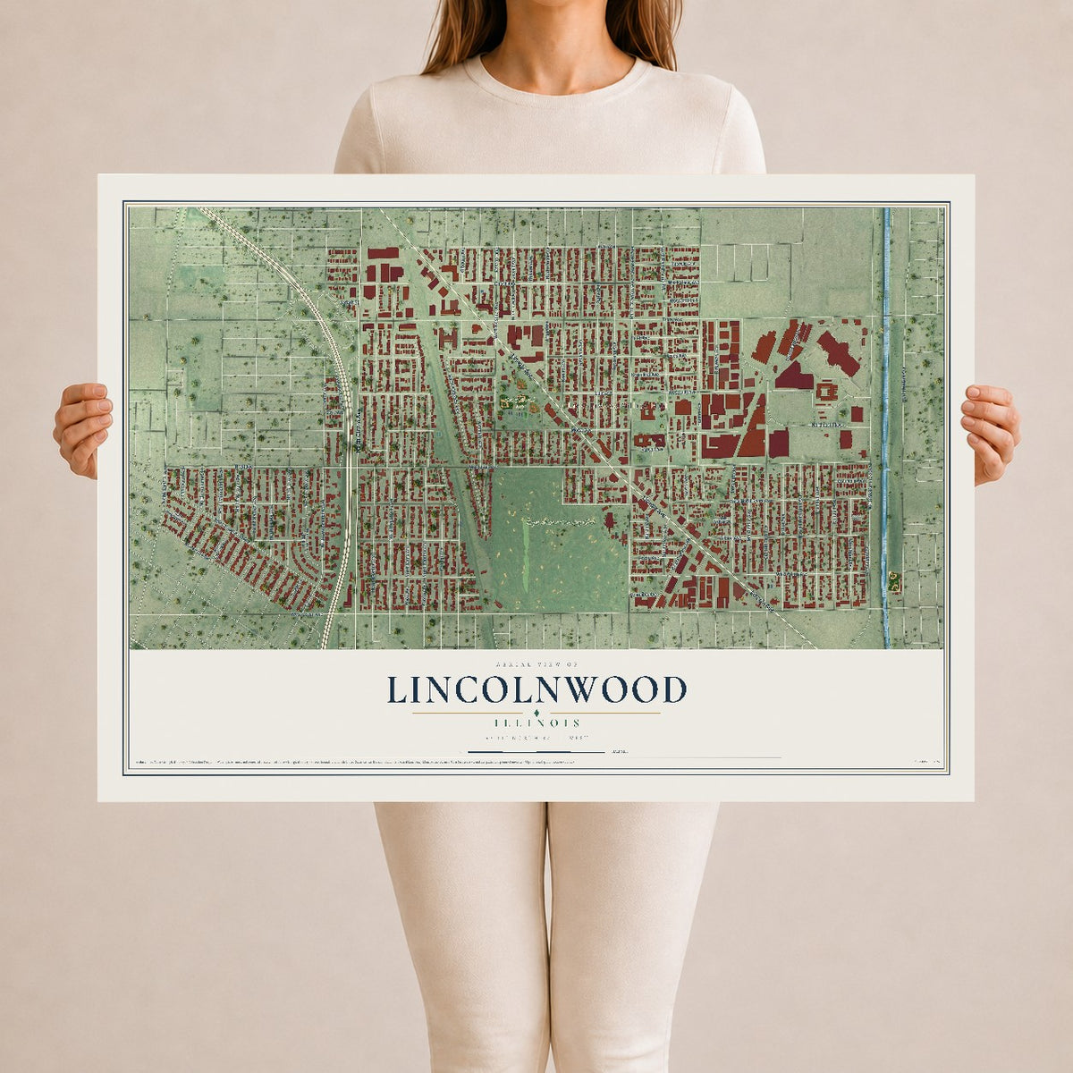 Map of Lincolnwood, Illinois, 24 x 36 inch unframed archival matte print