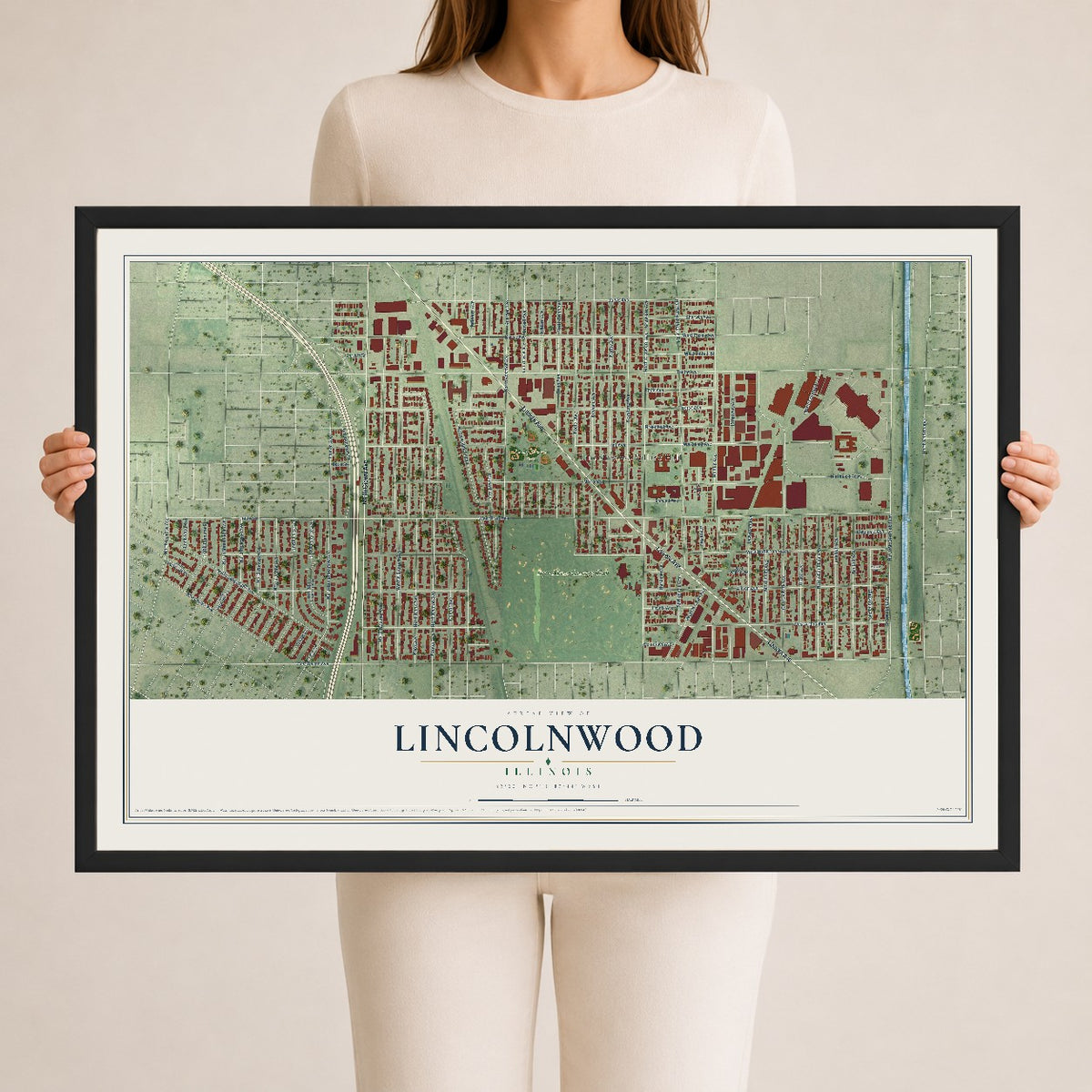 Map of Lincolnwood, Illinois, 24 x 36 inch print in a black wood frame