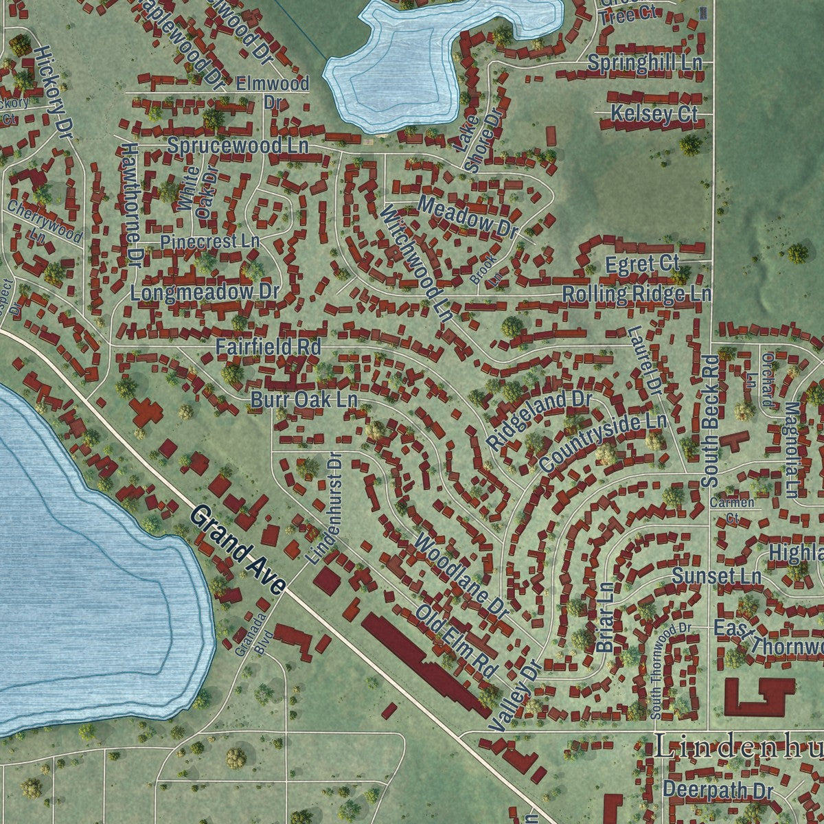 Close-up of the map of Lindenhurst, Illinois print showing street and building detail