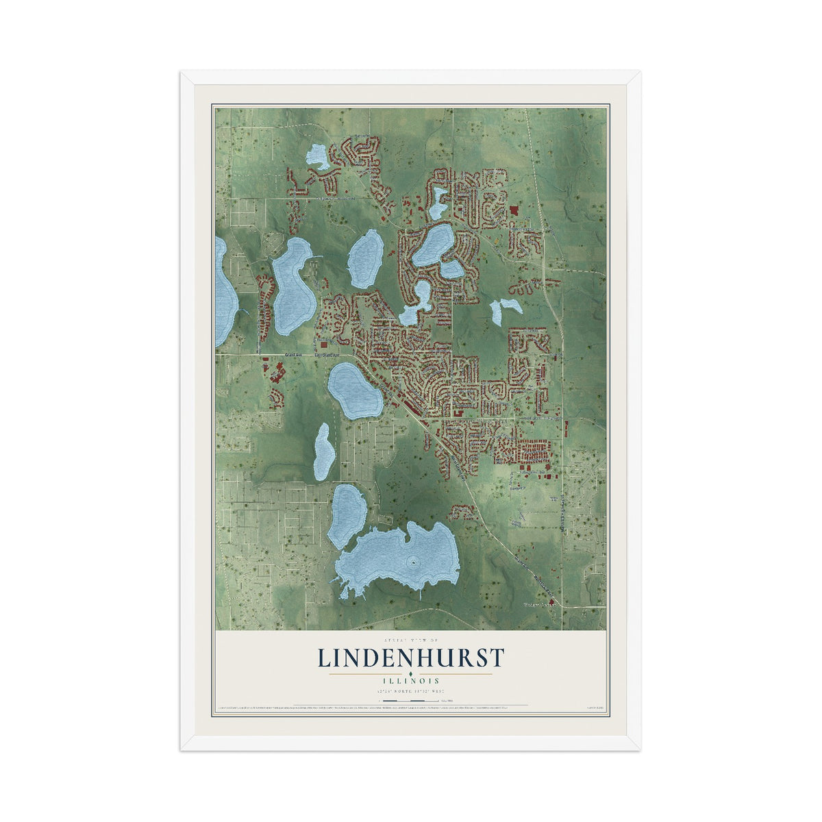 Map of Lindenhurst, Illinois, 12 x 18 inch print in a white wood frame