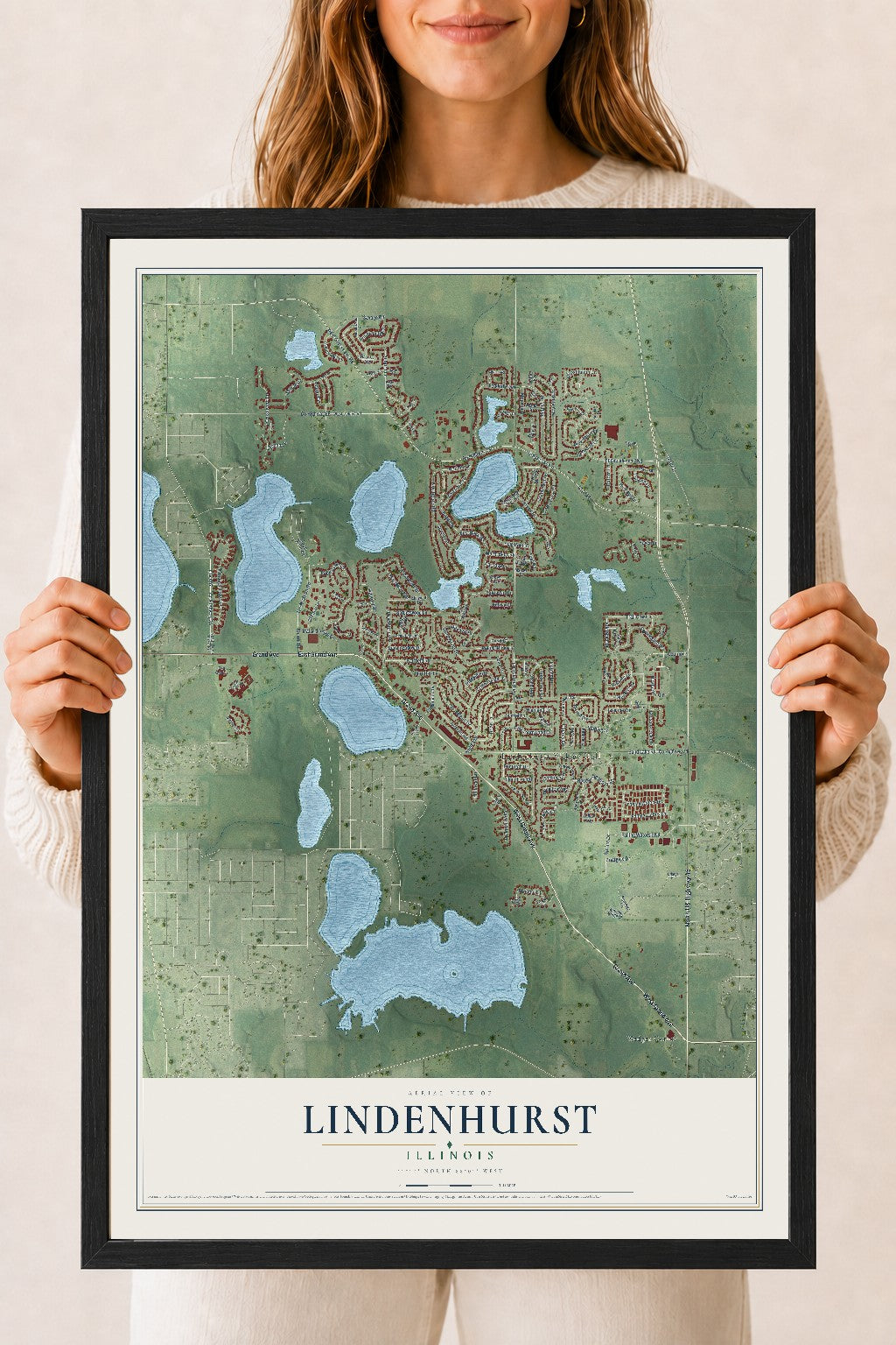 Map of Lindenhurst, Illinois, 18 x 24 inch print in a black wood frame