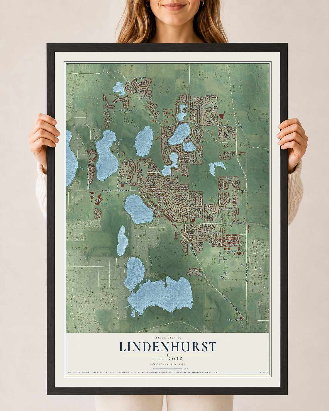 Map of Lindenhurst, Illinois, 24 x 36 inch print in a black wood frame