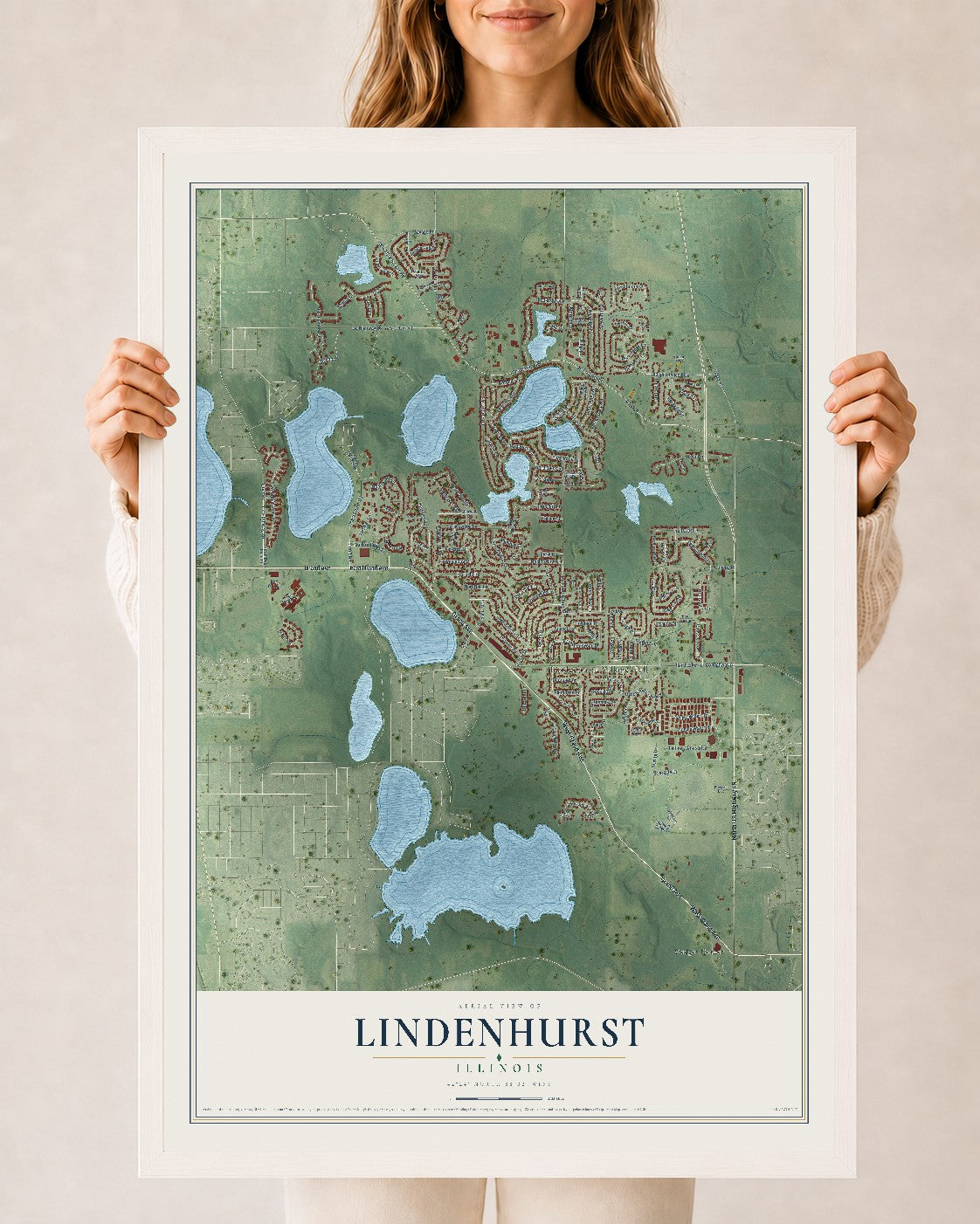 Map of Lindenhurst, Illinois, 24 x 36 inch print in a white wood frame