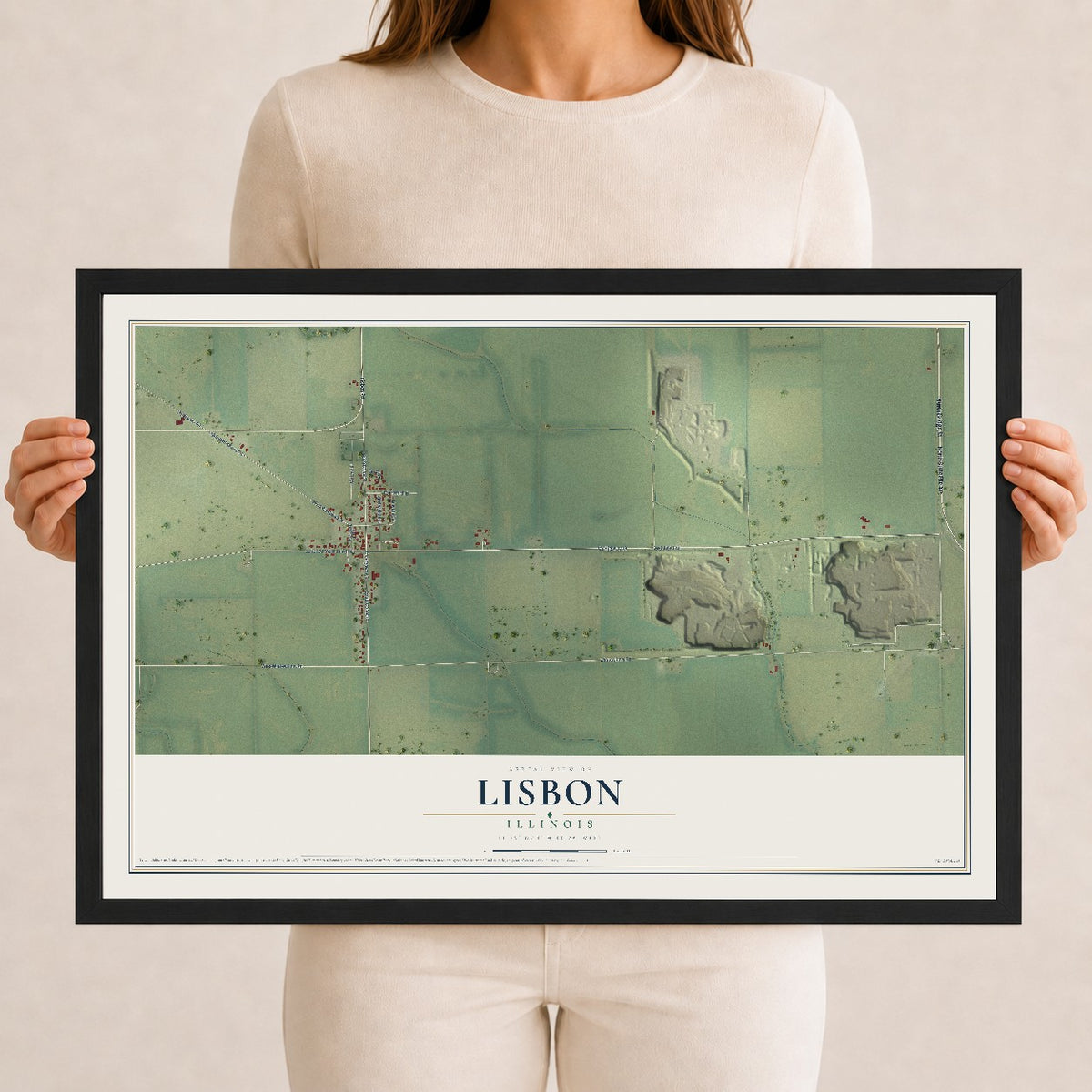 Map of Lisbon, Illinois, 12 x 18 inch print in a black wood frame