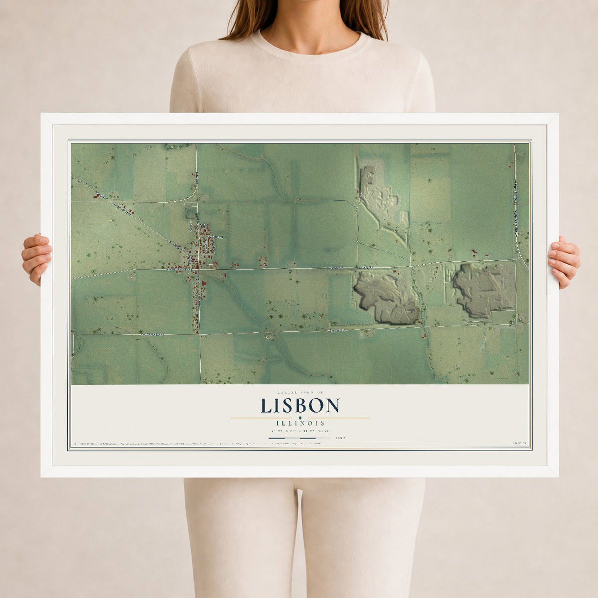 Map of Lisbon, Illinois, 24 x 36 inch print in a white wood frame