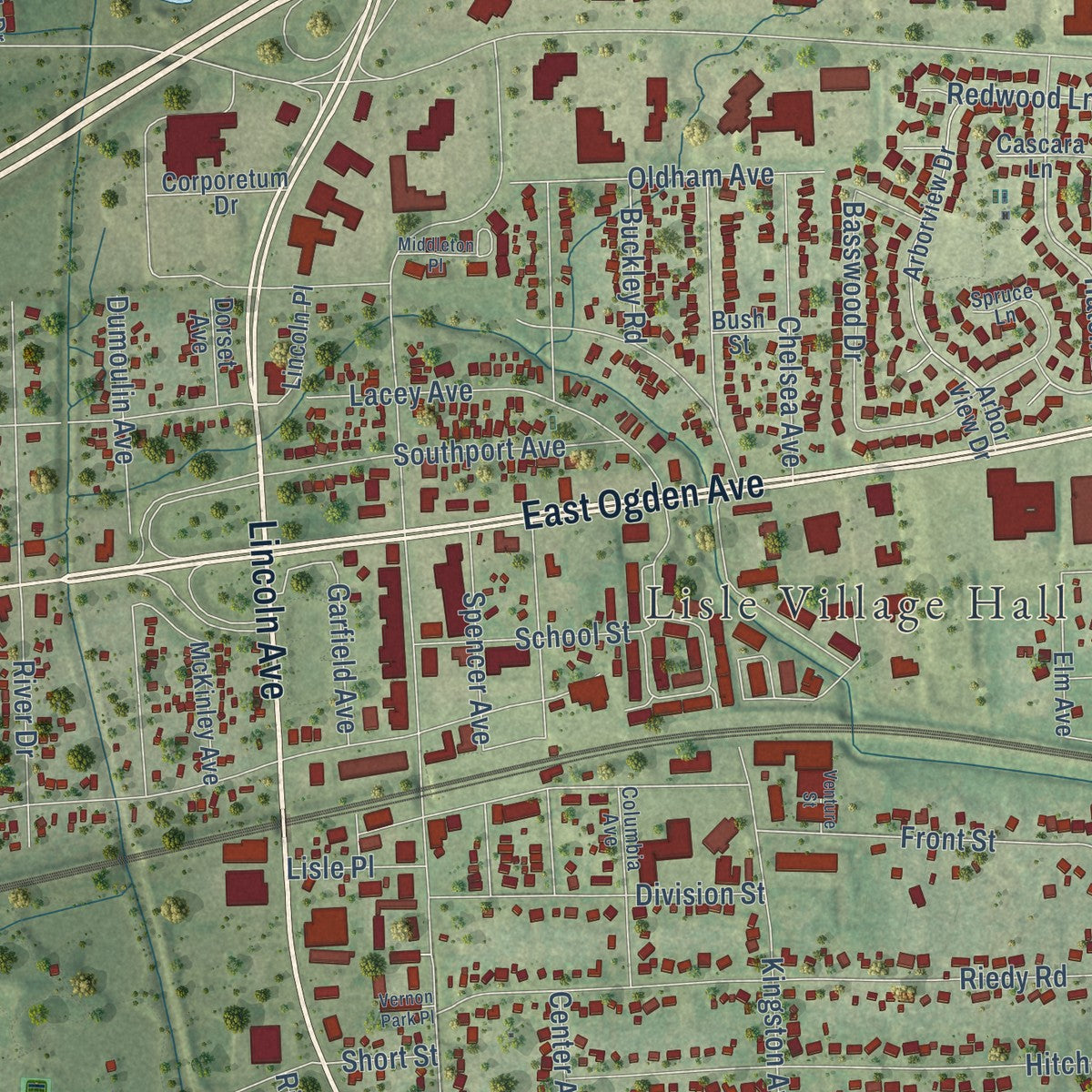 Close-up of the map of Lisle, Illinois print showing street and building detail