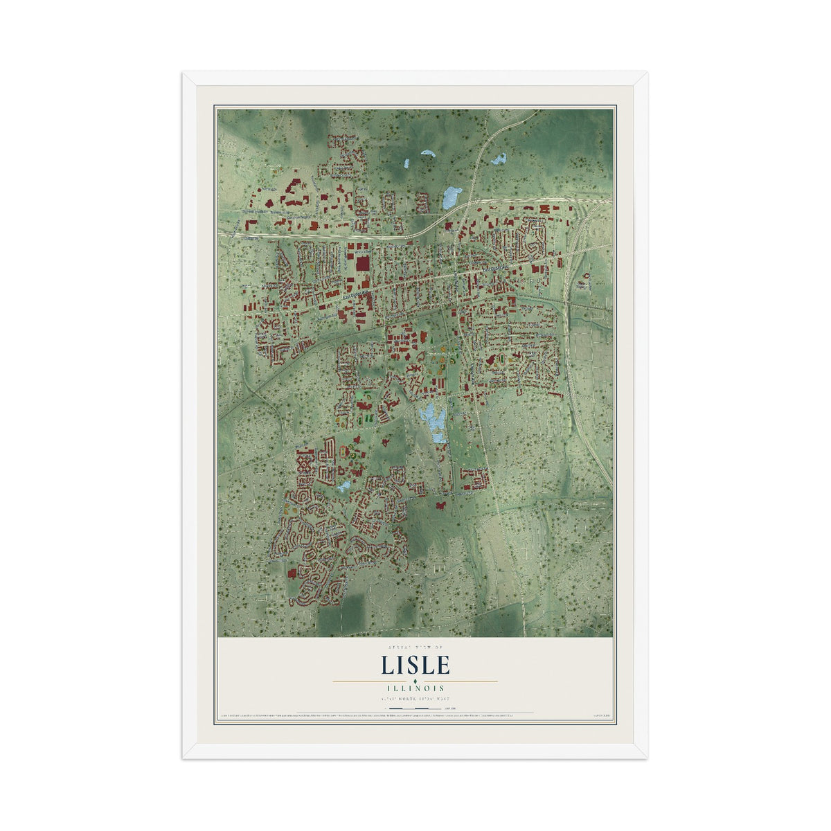 Map of Lisle, Illinois, 12 x 18 inch print in a white wood frame