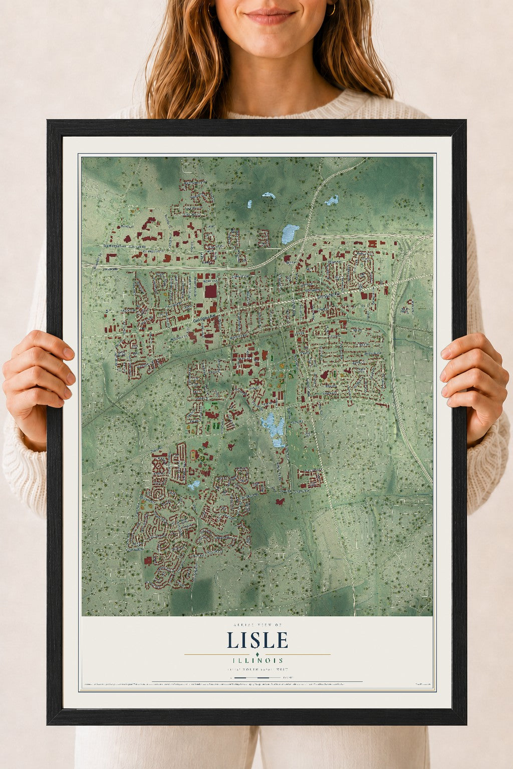 Map of Lisle, Illinois, 18 x 24 inch print in a black wood frame