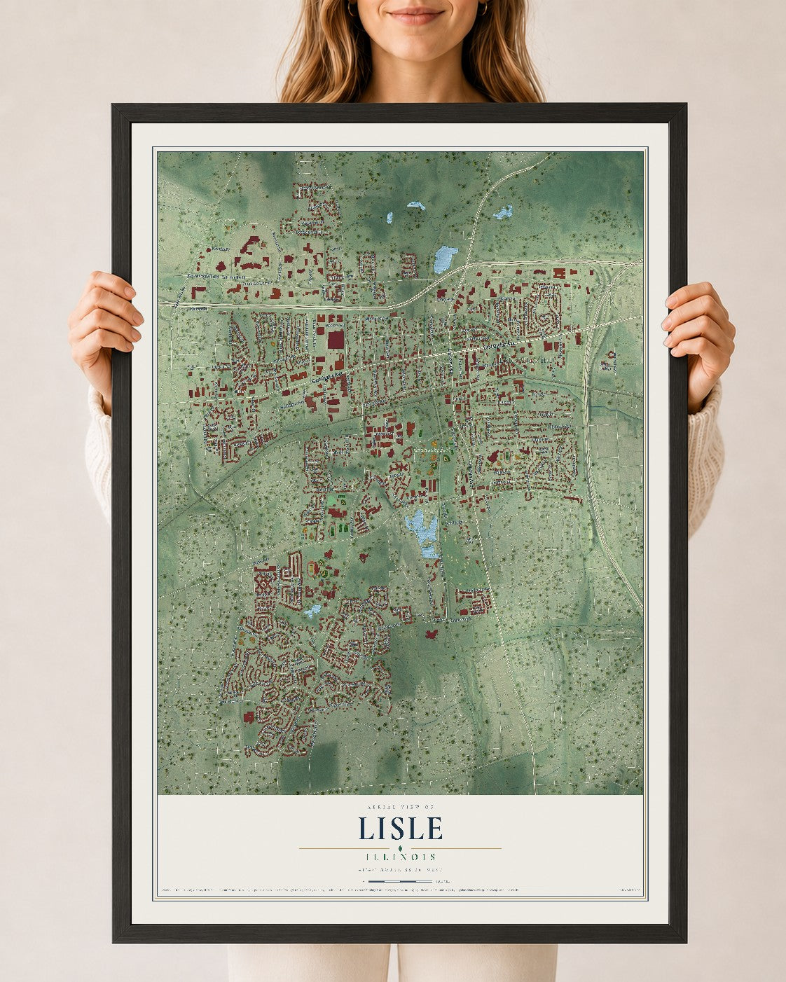 Map of Lisle, Illinois, 24 x 36 inch print in a black wood frame