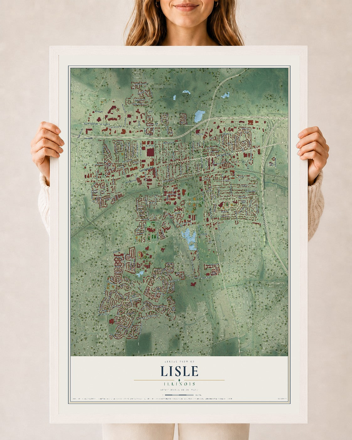 Map of Lisle, Illinois, 24 x 36 inch print in a white wood frame
