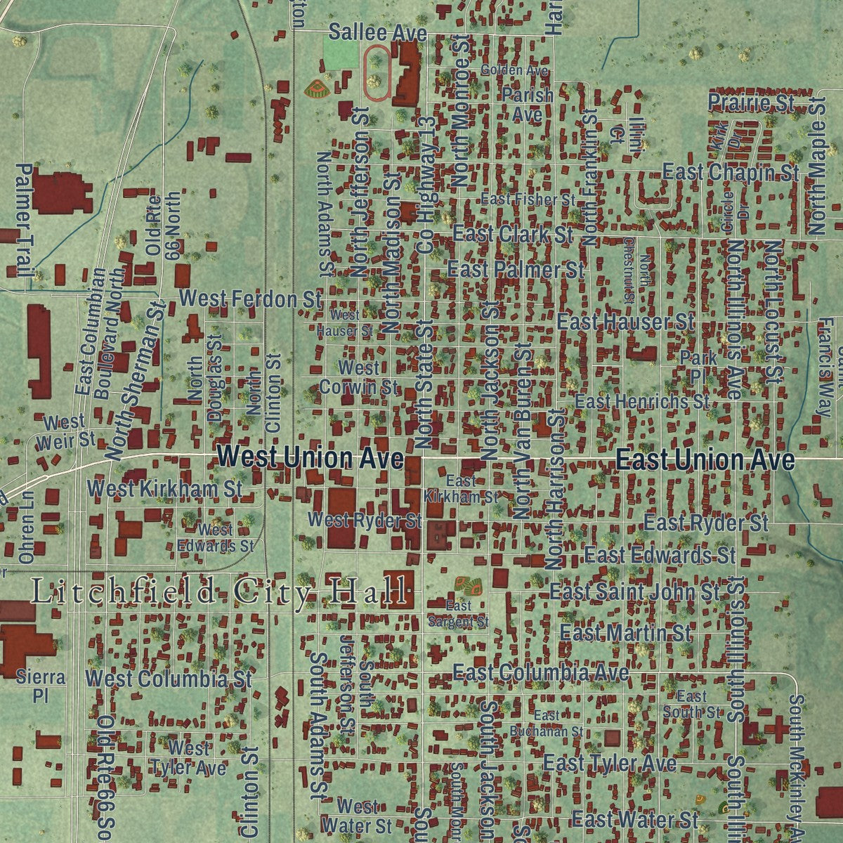 Close-up of the map of Litchfield, Illinois print showing street and building detail