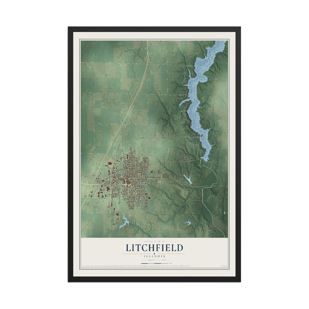 Map of Litchfield, Illinois, 12 x 18 inch print in a black wood frame