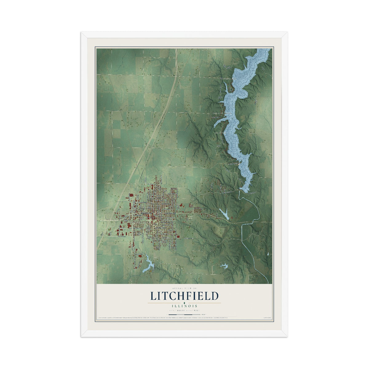 Map of Litchfield, Illinois, 12 x 18 inch print in a white wood frame