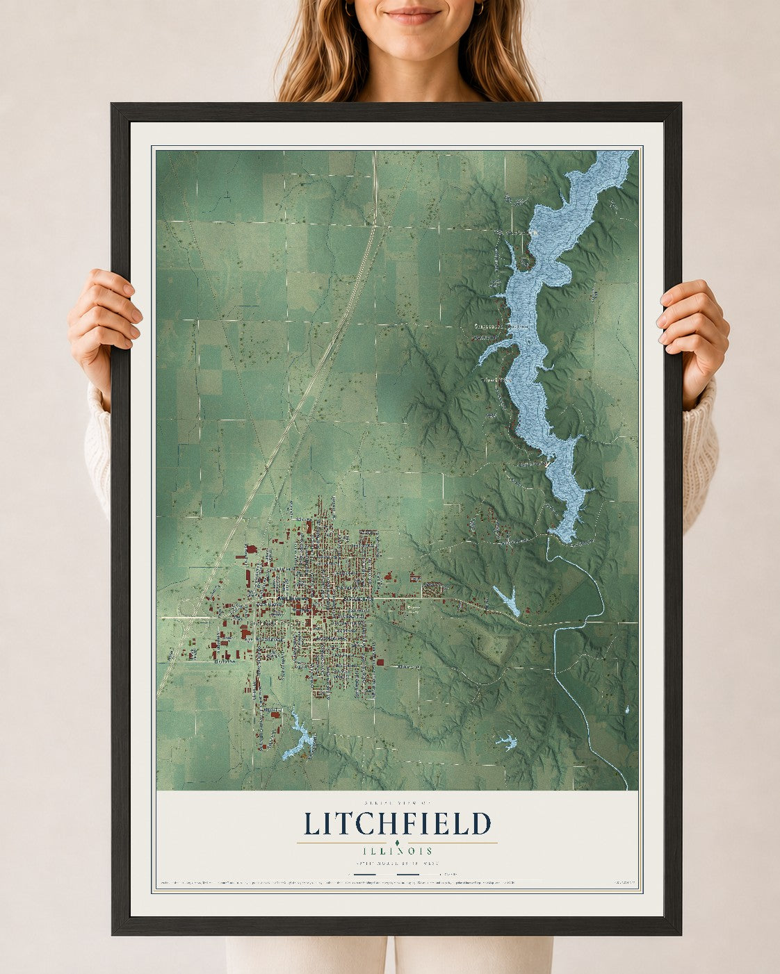 Map of Litchfield, Illinois, 24 x 36 inch print in a black wood frame
