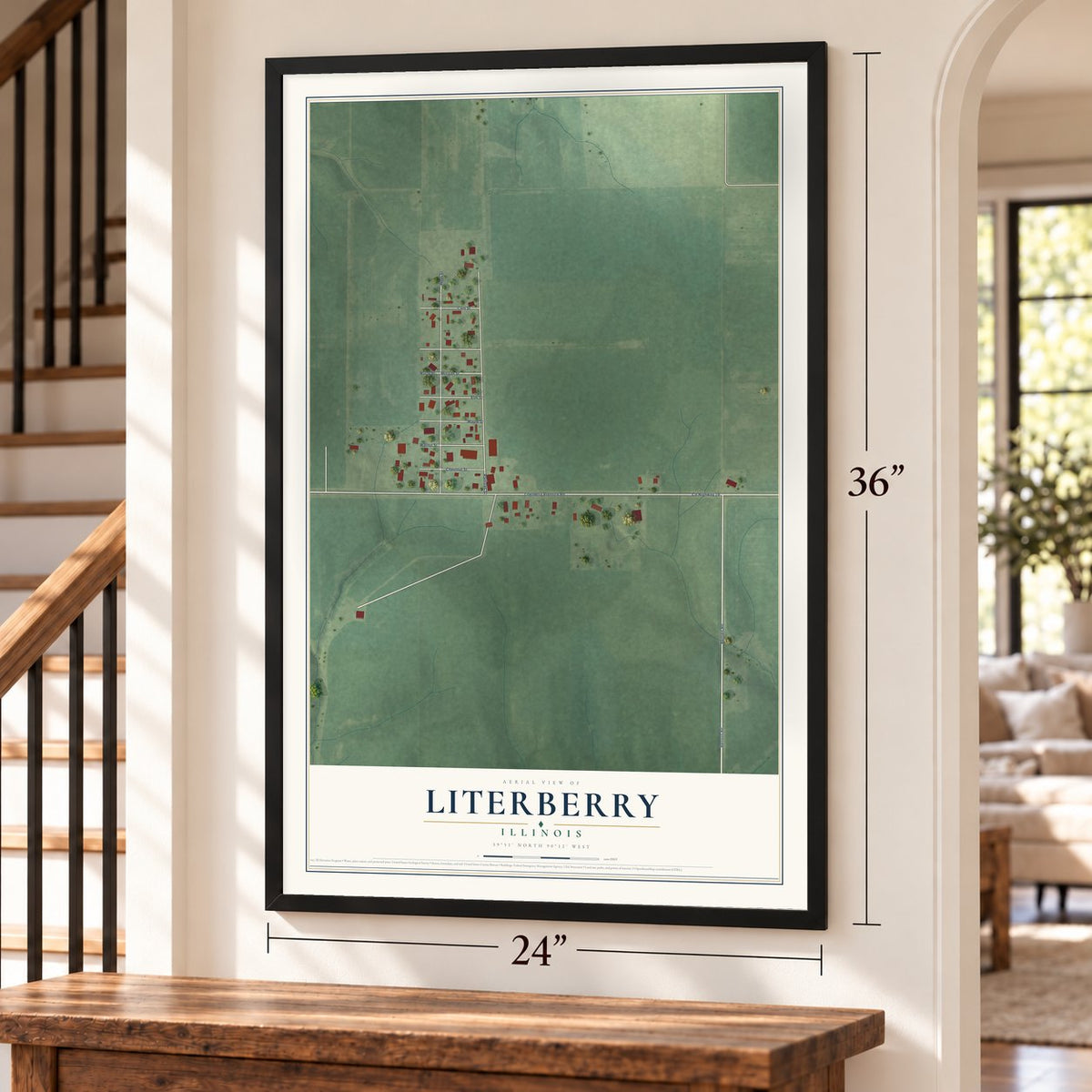 Literberry, Illinois map, 24 x 36 inch print in a black frame by a staircase