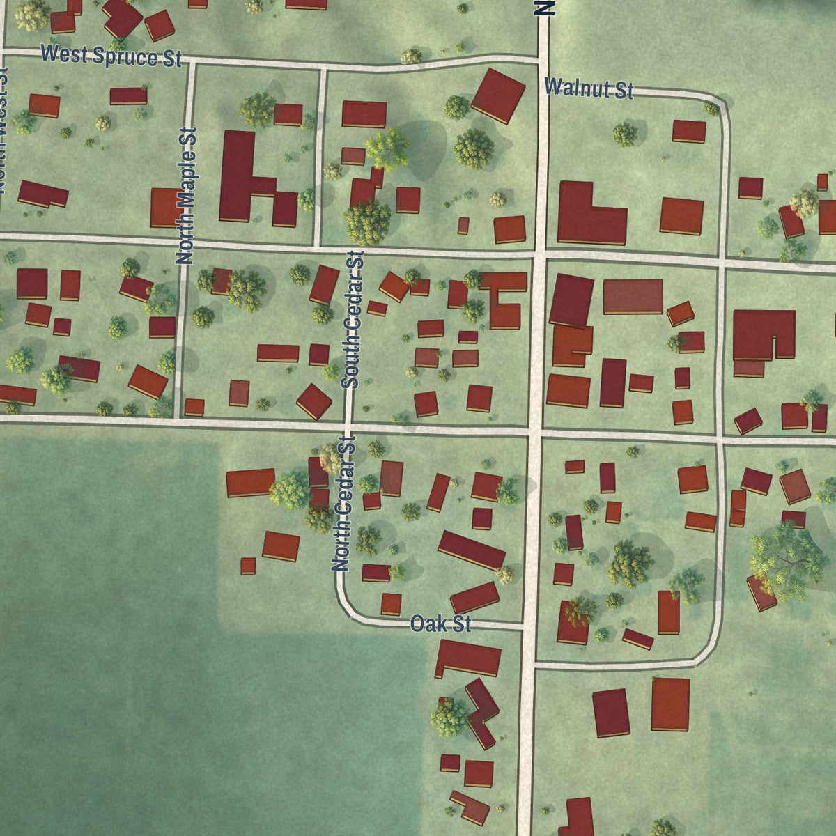 Close-up of the map of Little York, Illinois print showing street and building detail