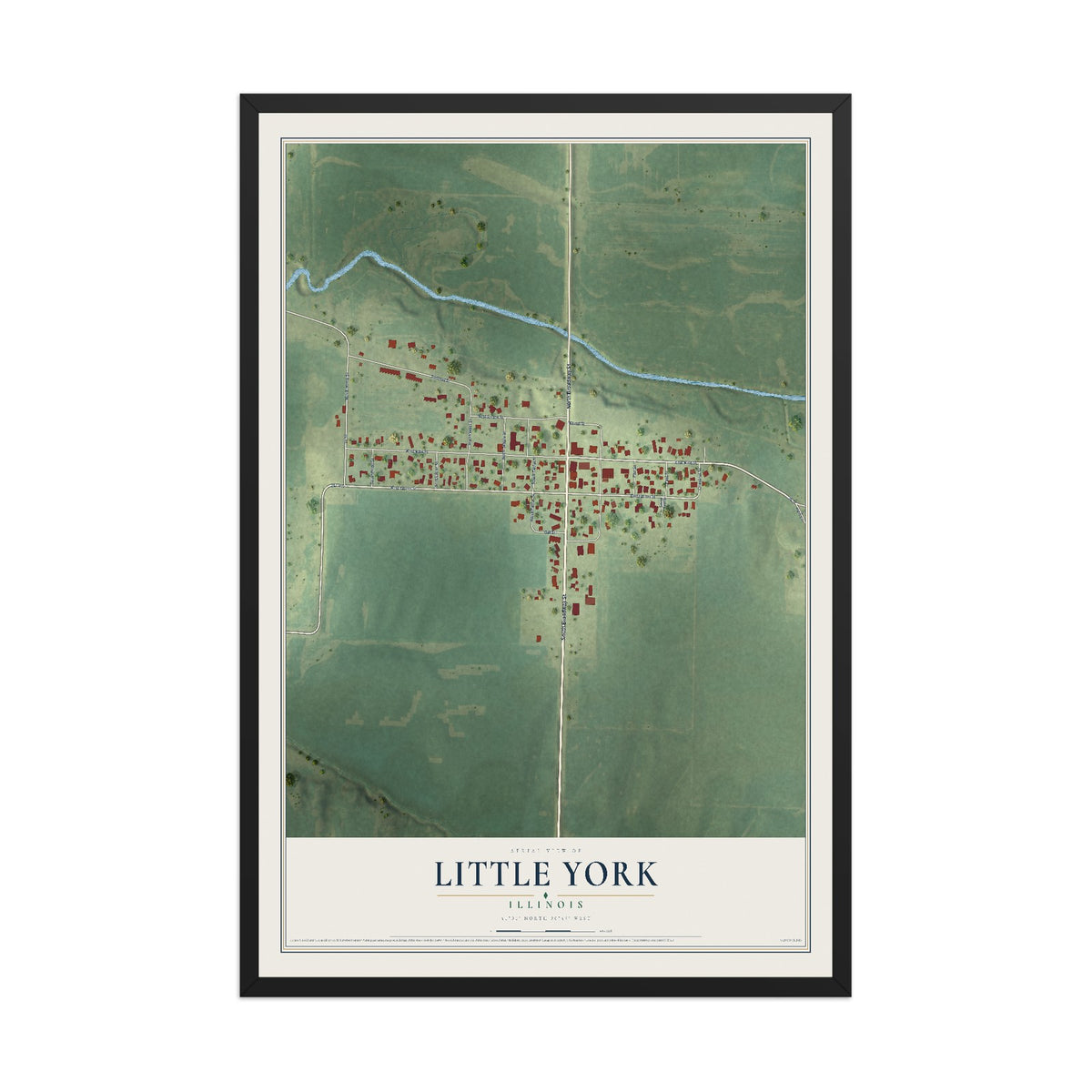 Map of Little York, Illinois, 12 x 18 inch print in a black wood frame