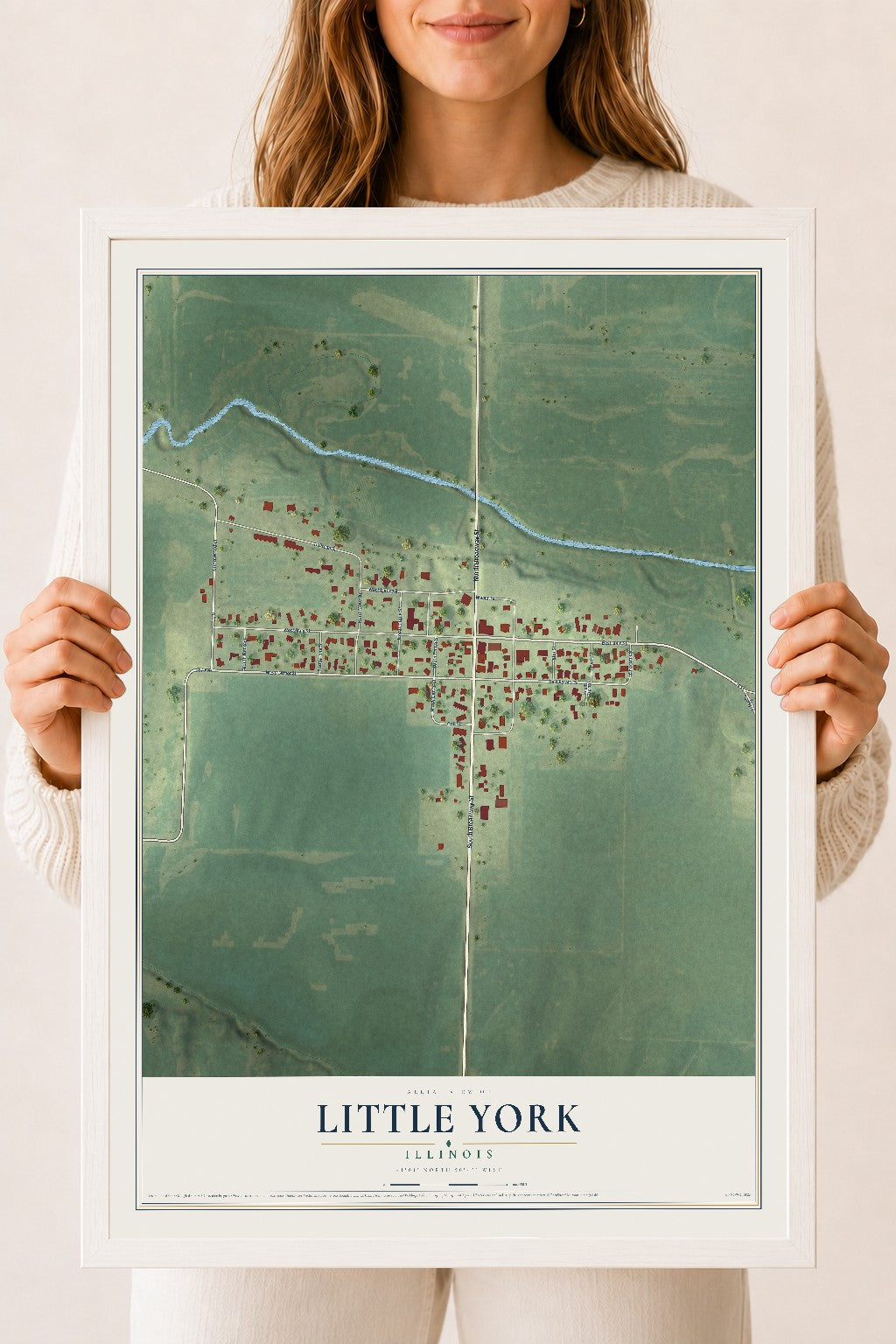 Map of Little York, Illinois, 18 x 24 inch print in a white wood frame