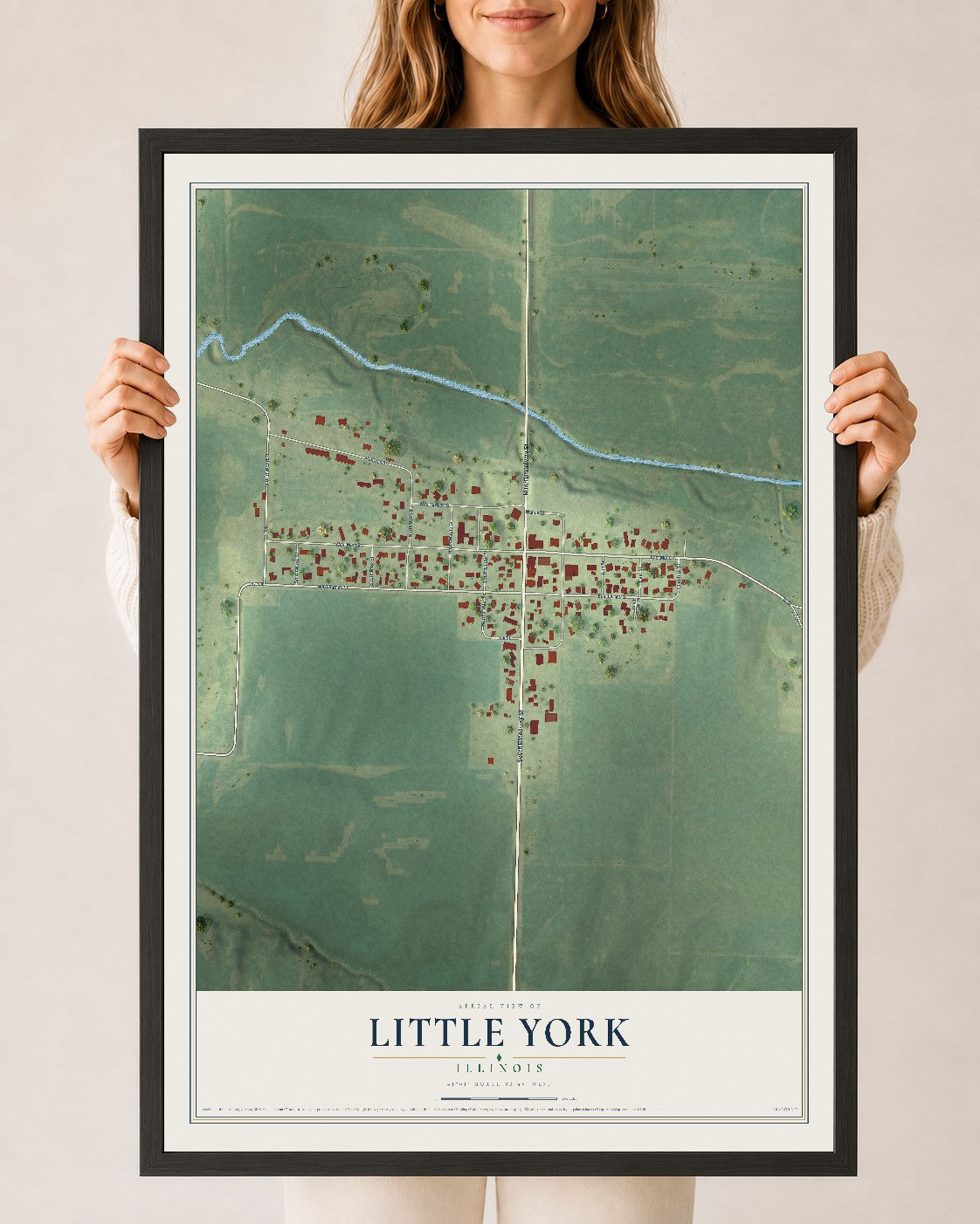 Map of Little York, Illinois, 24 x 36 inch print in a black wood frame