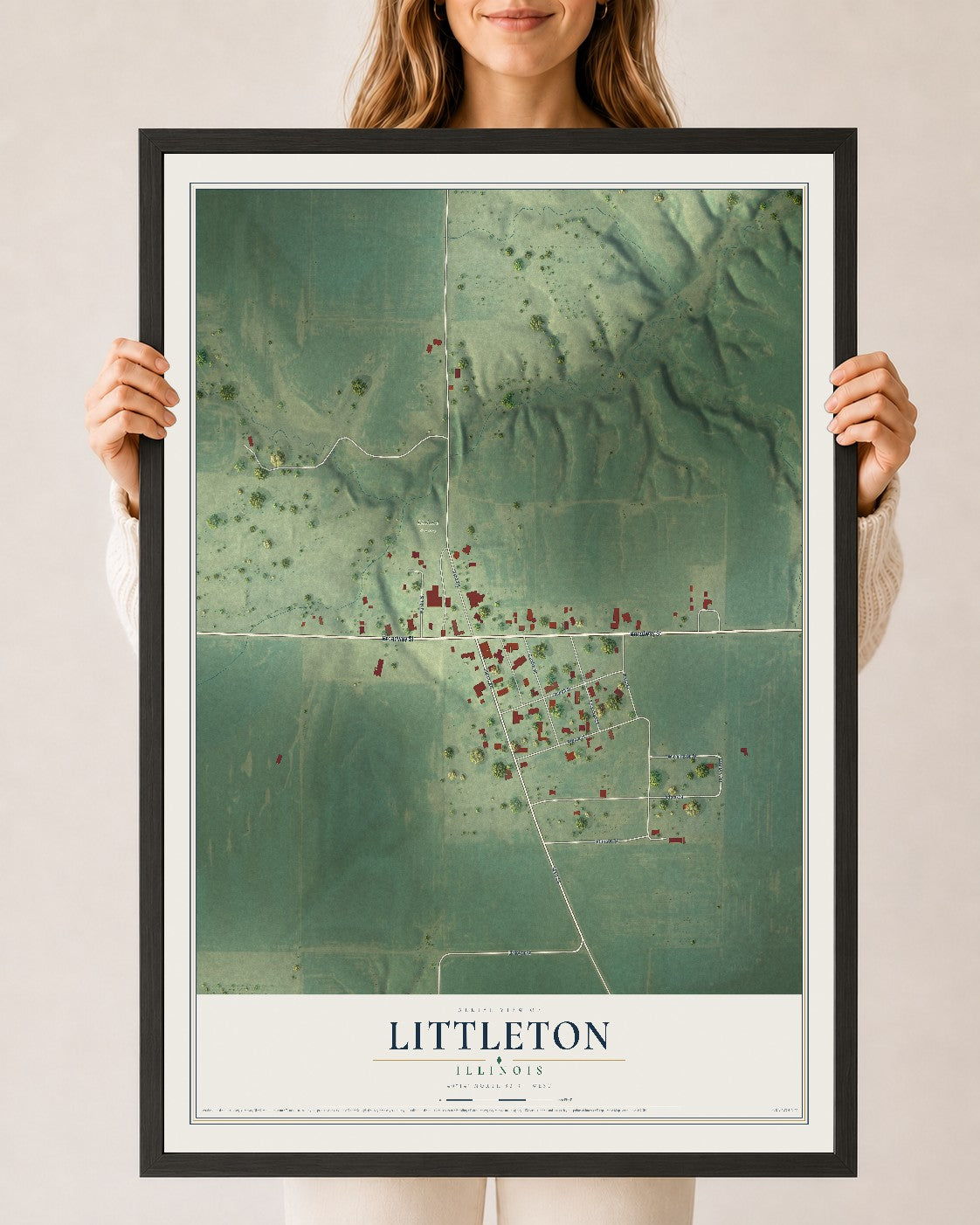 Map of Littleton, Illinois, 24 x 36 inch print in a black wood frame
