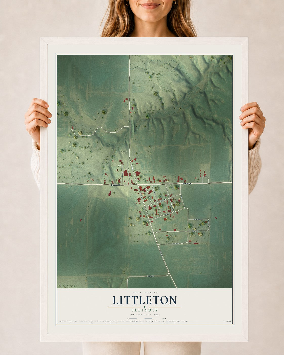 Map of Littleton, Illinois, 24 x 36 inch print in a white wood frame