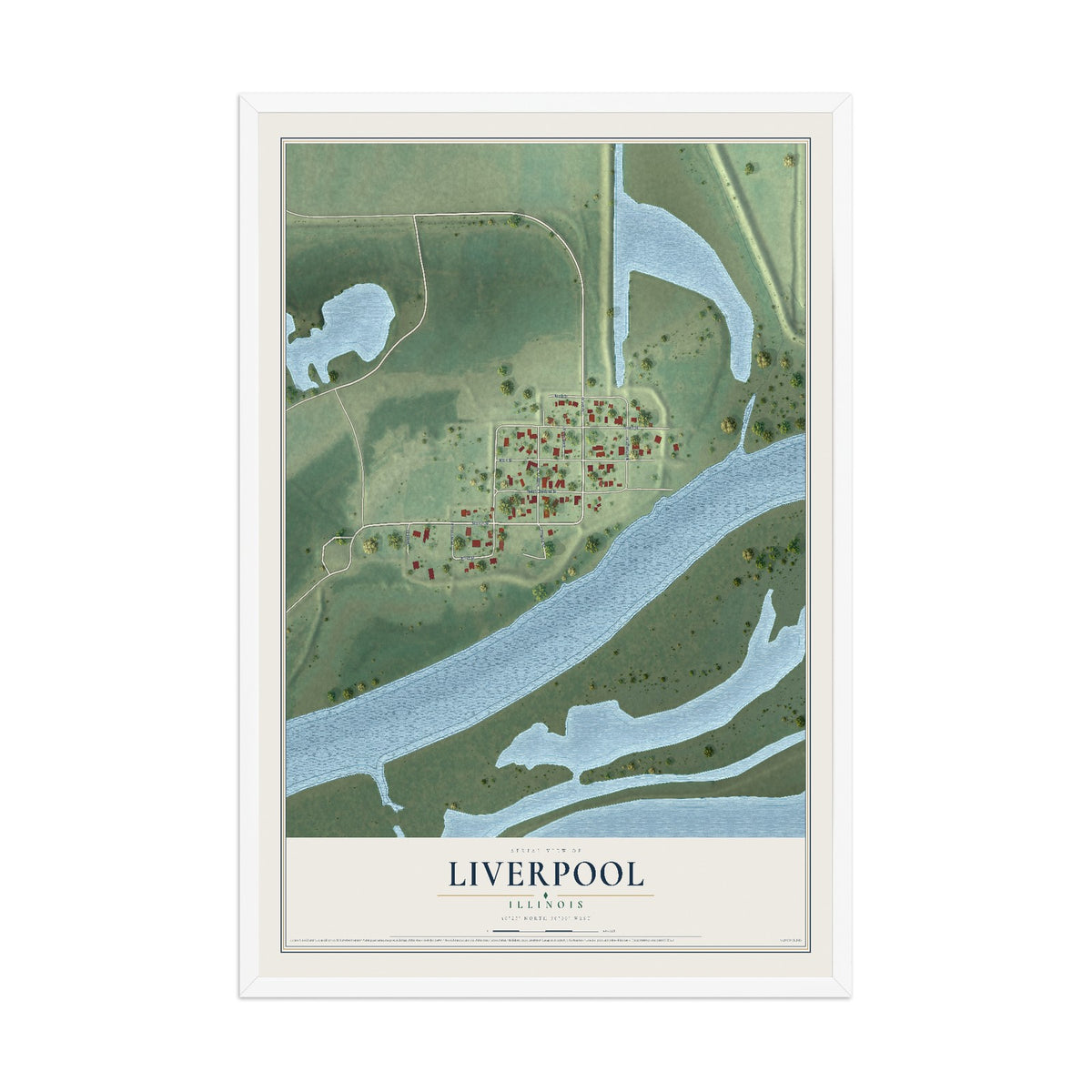 Map of Liverpool, Illinois, 12 x 18 inch print in a white wood frame