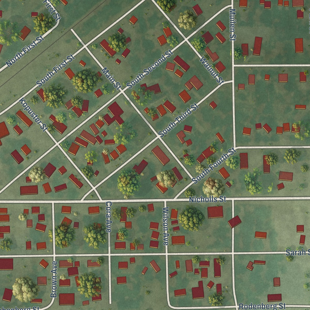 Close-up of the map of Livingston, Illinois print showing street and building detail