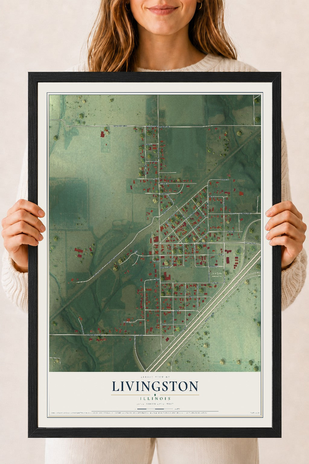 Map of Livingston, Illinois, 18 x 24 inch print in a black wood frame