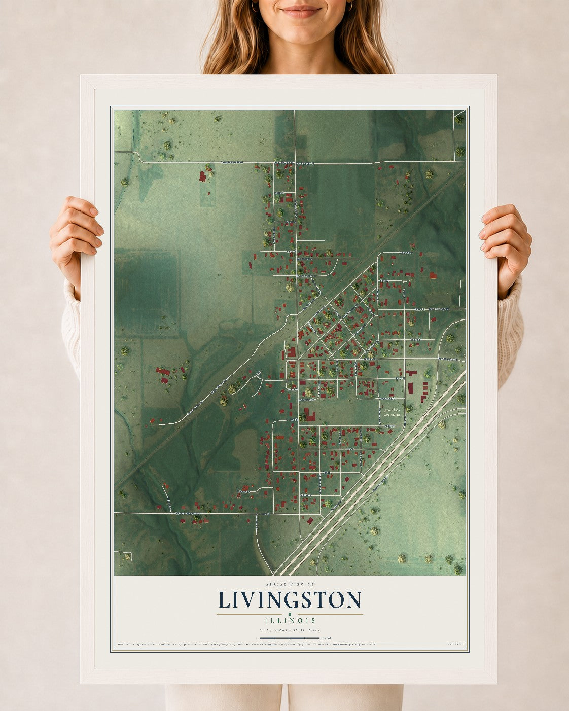 Map of Livingston, Illinois, 24 x 36 inch print in a white wood frame