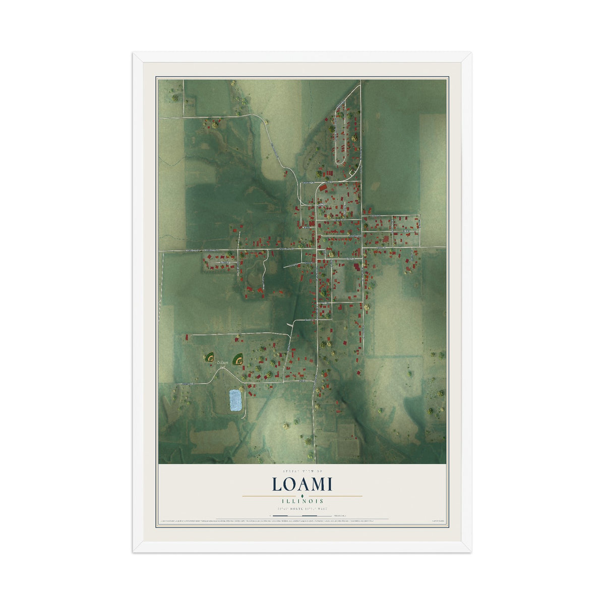 Map of Loami, Illinois, 12 x 18 inch print in a white wood frame