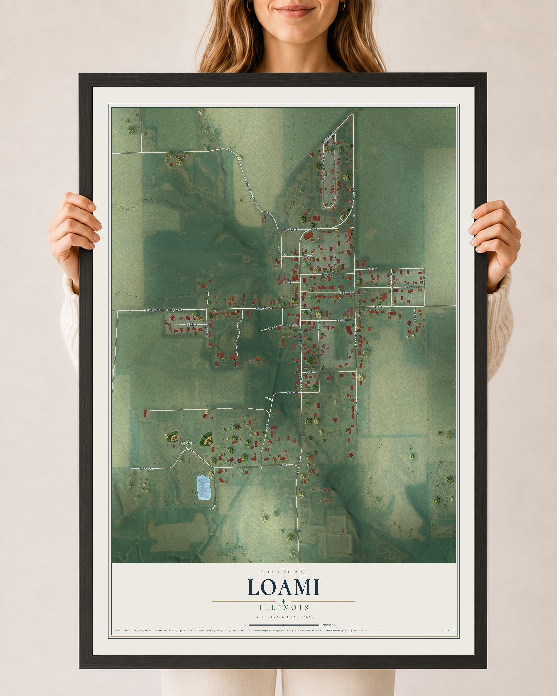 Map of Loami, Illinois, 24 x 36 inch print in a black wood frame