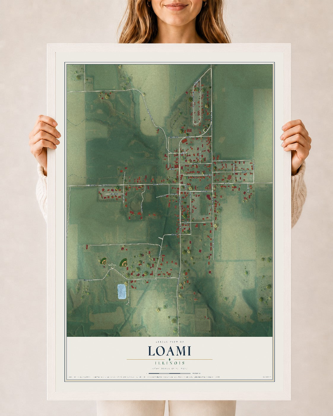 Map of Loami, Illinois, 24 x 36 inch print in a white wood frame