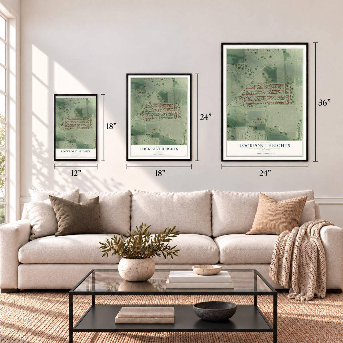 Lockport Heights, Illinois map in 12 x 18, 18 x 24 and 24 x 36 inch sizes above a sofa