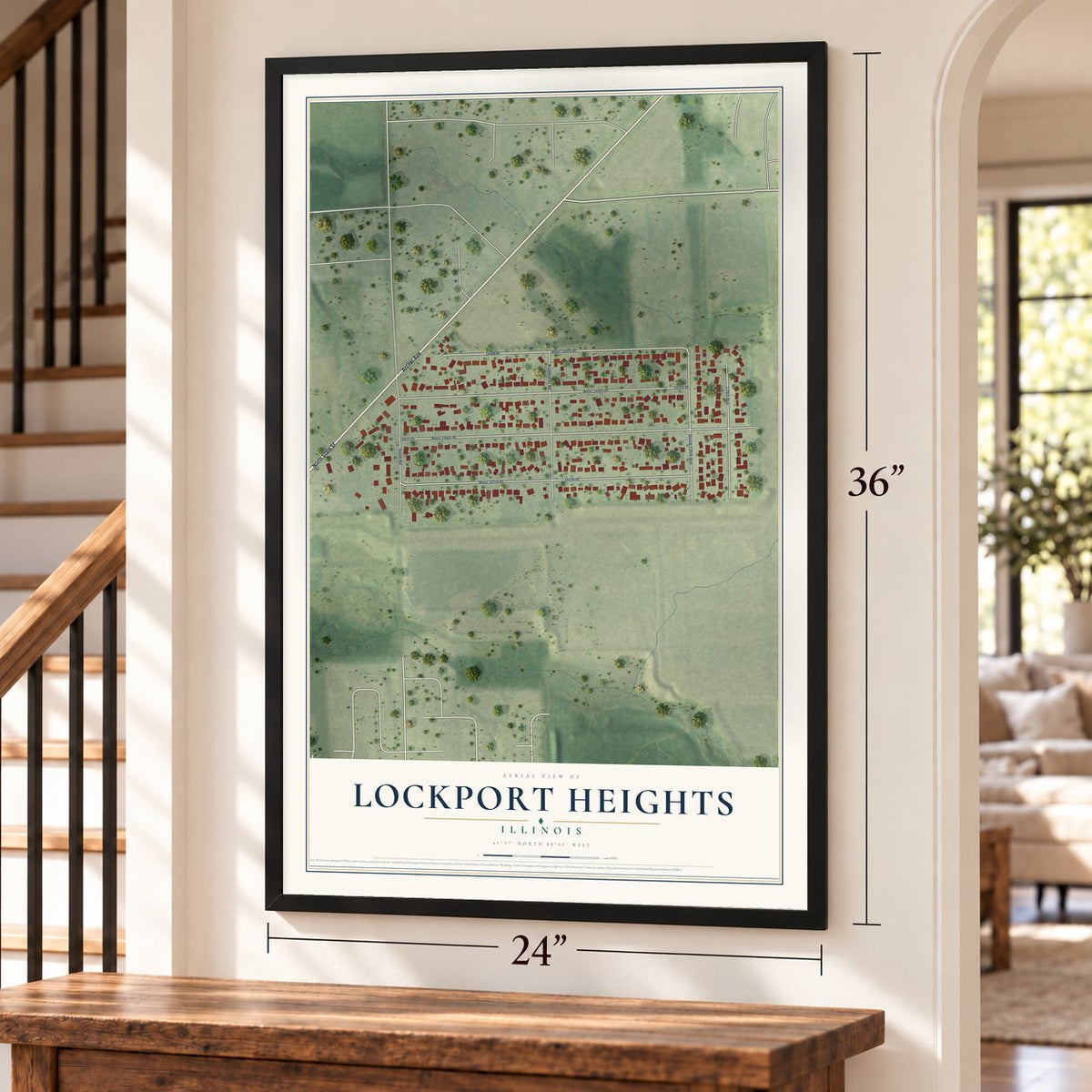 Lockport Heights, Illinois map, 24 x 36 inch print in a black frame by a staircase